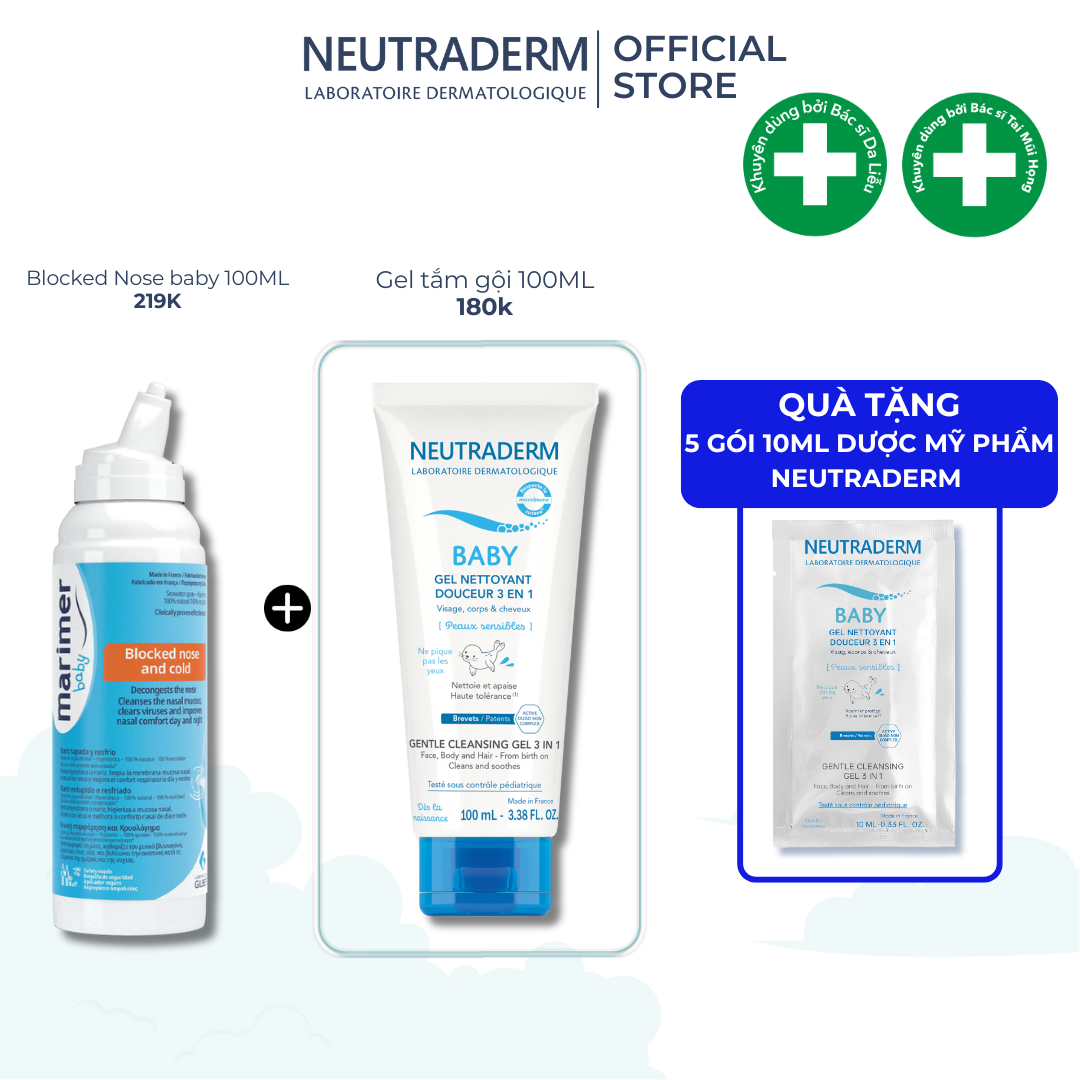 Combo nước biển sâu Marimer Baby Blocked + Gel tắm 3in1 Neutraderm
