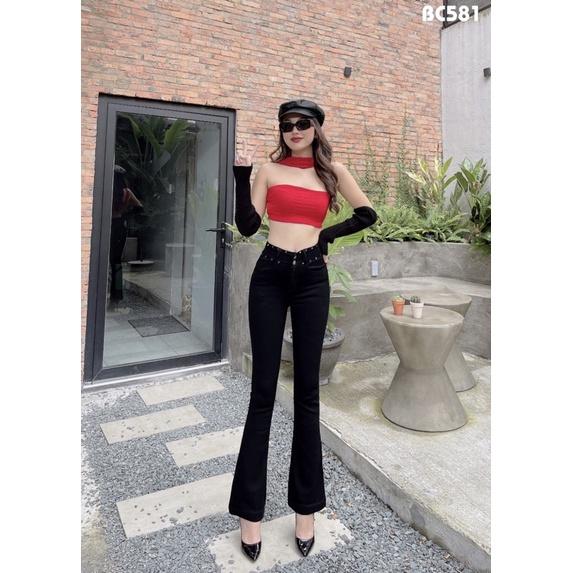 Quần Jeans Nữ Ống Loe Dài Màu Đen Lưng Cao Co Giãn