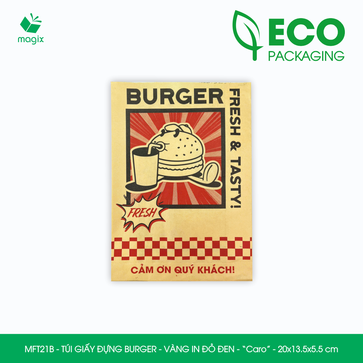 MFT21B - 20x13.5x5.5 cm - 500 Túi giấy Kraft đựng hamburger, túi giấy burger, túi đựng thực phẩm