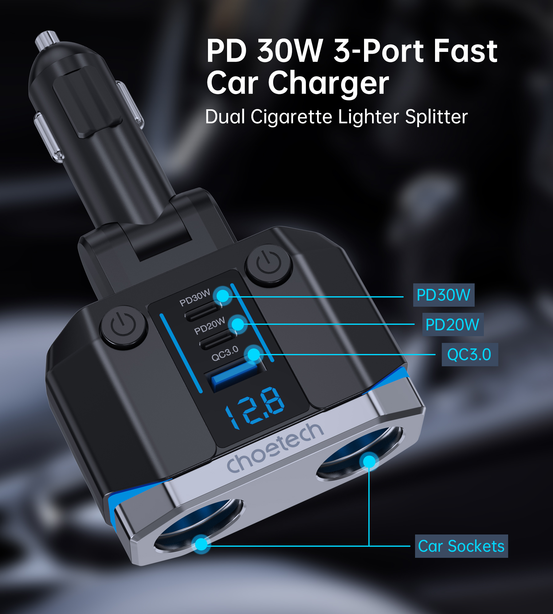 Tẩu sạc Choetech TC0020  đa năng mở rộng có 2 cổng Type C + 1 cổng Usb công suất 200w (Hàng chính hãng)
