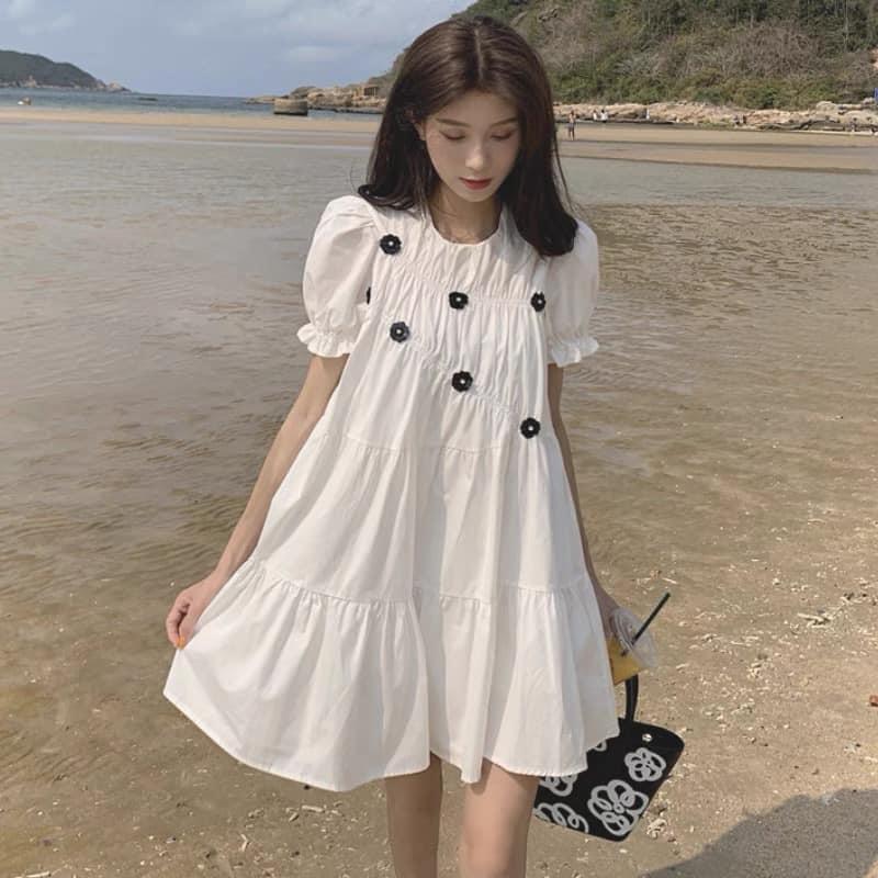 Đầm/Váy Trắng Hoa Nhí Dáng Suông - Đầm Baby Doll - Vải Thô mềm - Freesize &lt; 55kg