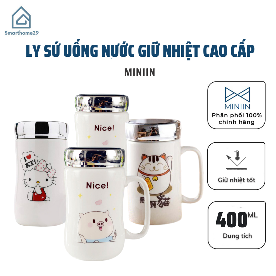 Ly Sứ Uống Nước Giữ Nhiệt Có Nắp Tráng Gương Cao Cấp, Cốc Giữ Nhiệt Họa Tiết Đáng Yêu Cho Bé - Chính hãng MINIIN