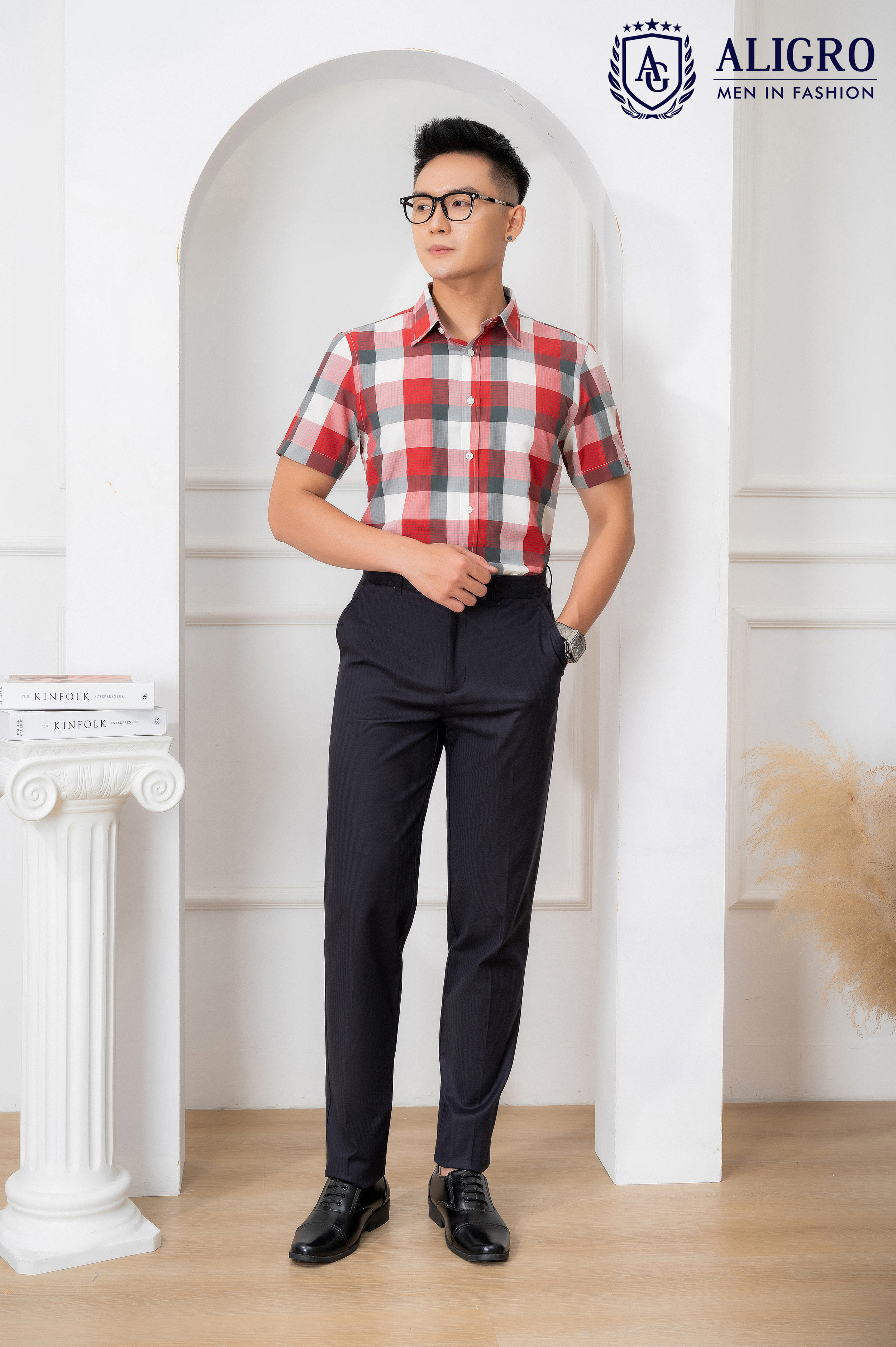 Áo sơ mi nam ngắn tay ALIGRO kẻ caro, cotton cao cấp, kháng khuẩn form slim vừa công sở thời trang trẻ trung ALGS-C58