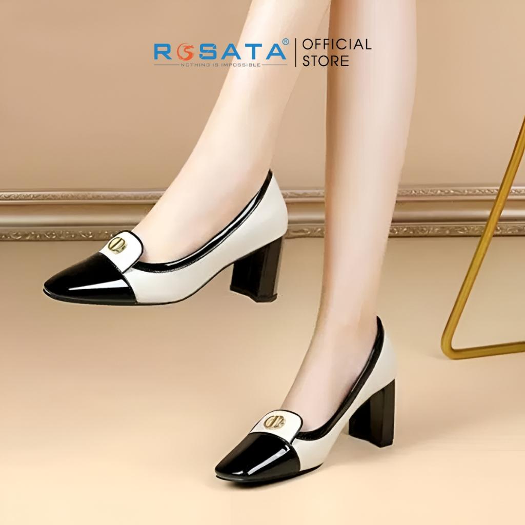 Giày búp bê nữ 6 phân mũi vuông da sọc nhám đính chữ CD ROSATA RO391