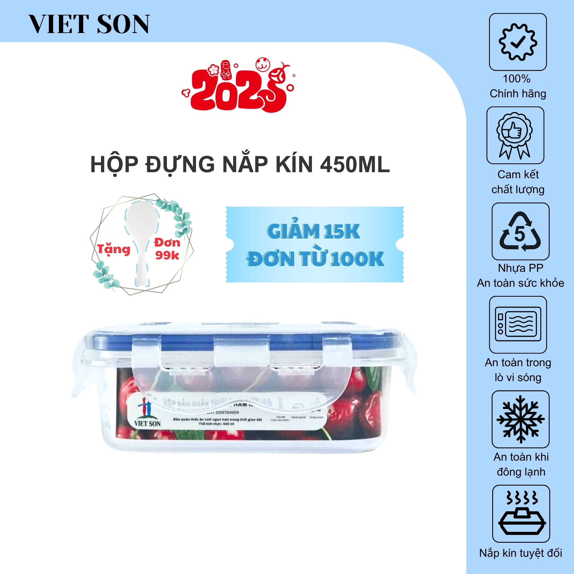 Hộp Đựng Thực Phẩm VIETSON 450ml Nắp Khóa 4 Cạnh Kín Hơi