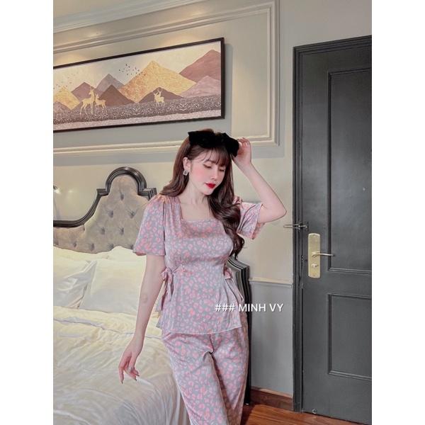 Bộ Pijama Tay Rơi Cổ Vuông Lụa Cao Cấp Họa Tiết Đẹp Mềm Mượt_Minh Vy