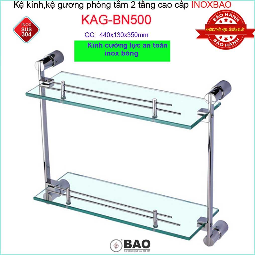 Kệ kính phòng tắm 2 tầng Inox Bảo KAG-BN500, Kệ kiếng cường lực đế tròn SUS304 đúc đặc thiết kế đẹp siêu bền 44cm x 35cm