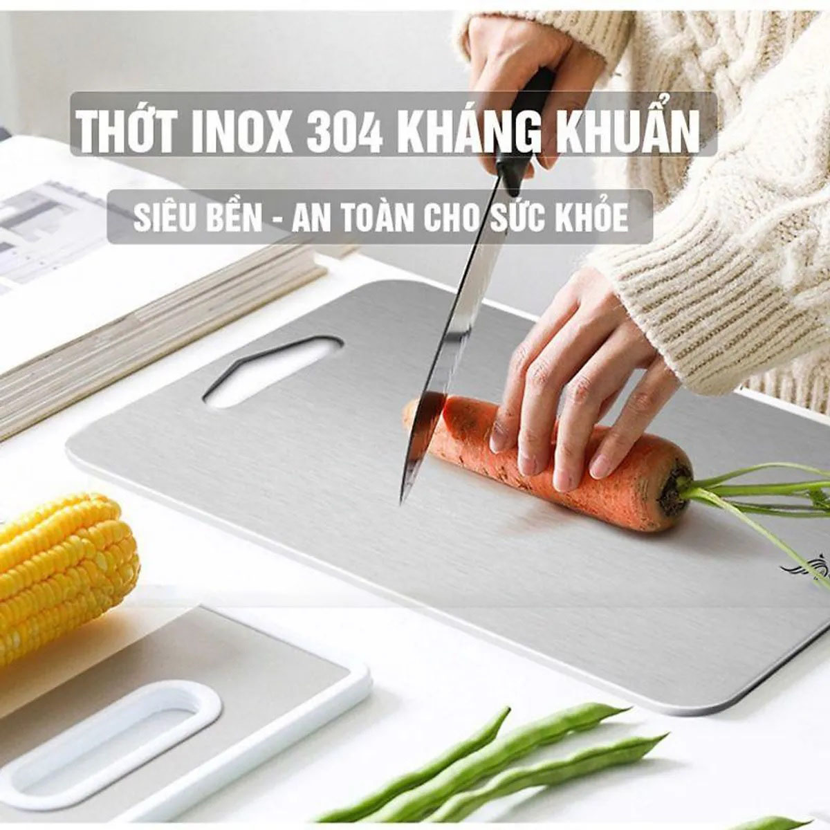 Thớt inox 304 kháng khuẩn cao cấp , chống ẩm mốc độc hại, vệ sinh dễ dàng, cường lực không mùn gỗ, an toàn