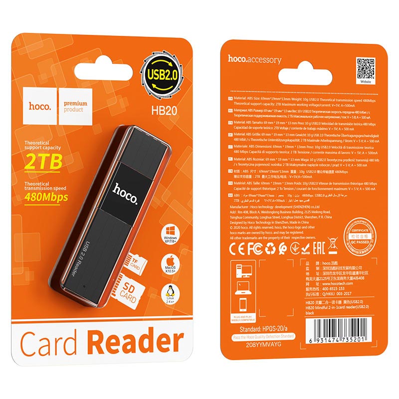 Đầu đọc thẻ nhớ 2.0 Hoco HB20 Mindful - hỗ trợ khe microSD/SD (Hàng chính hãng)