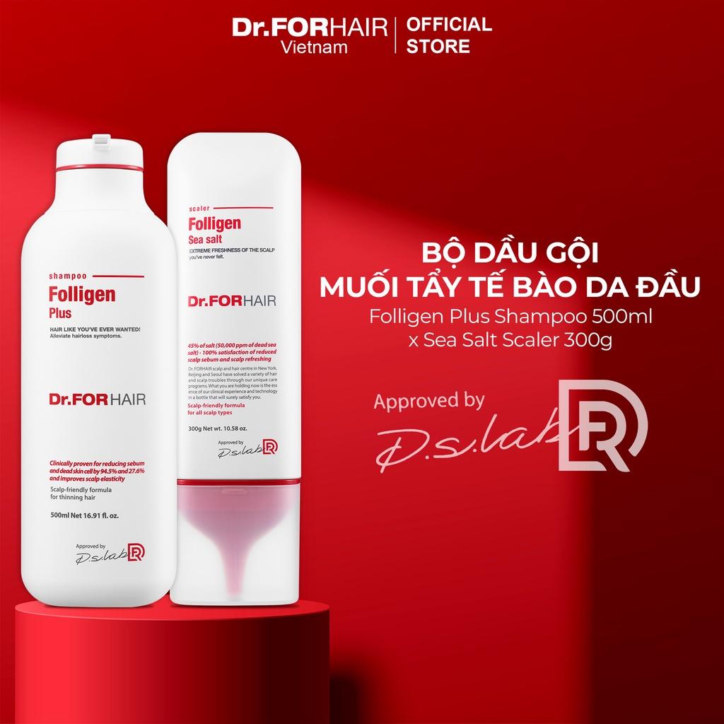 Combo dầu gội đầu ngăn ngừa rụng tóc Dr.FORHAIR Folligen Plus Shampoo 500ml x Sea Salt Scaler 300g