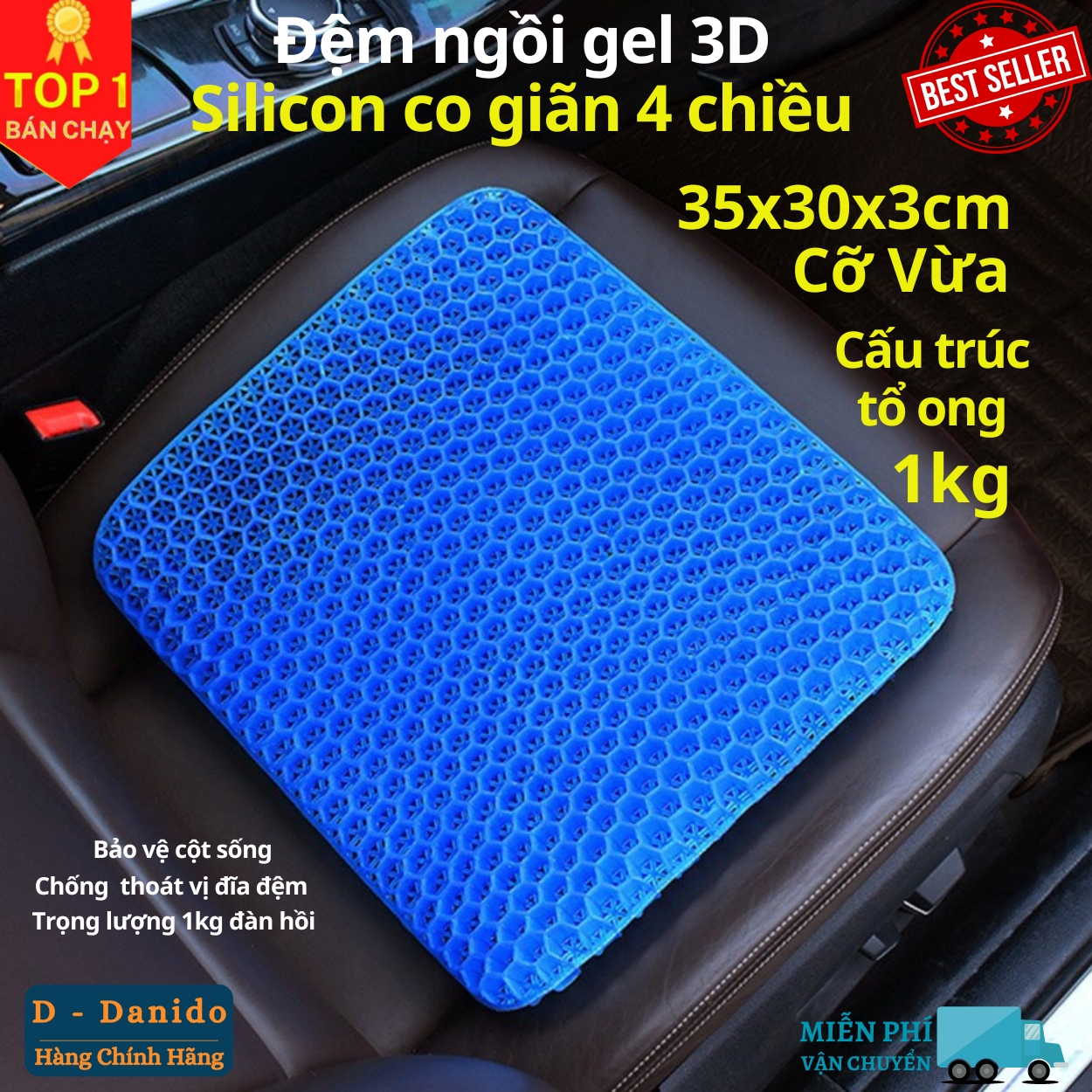 Đệm ngồi Gel 3D tổ ong thoáng khí kích thước 35x30x3cm và 42x37x3.5cm, Đệm ngồi cao cấp chất liệu Silicon mát lạnh siêu êm - Hàng chính hãng