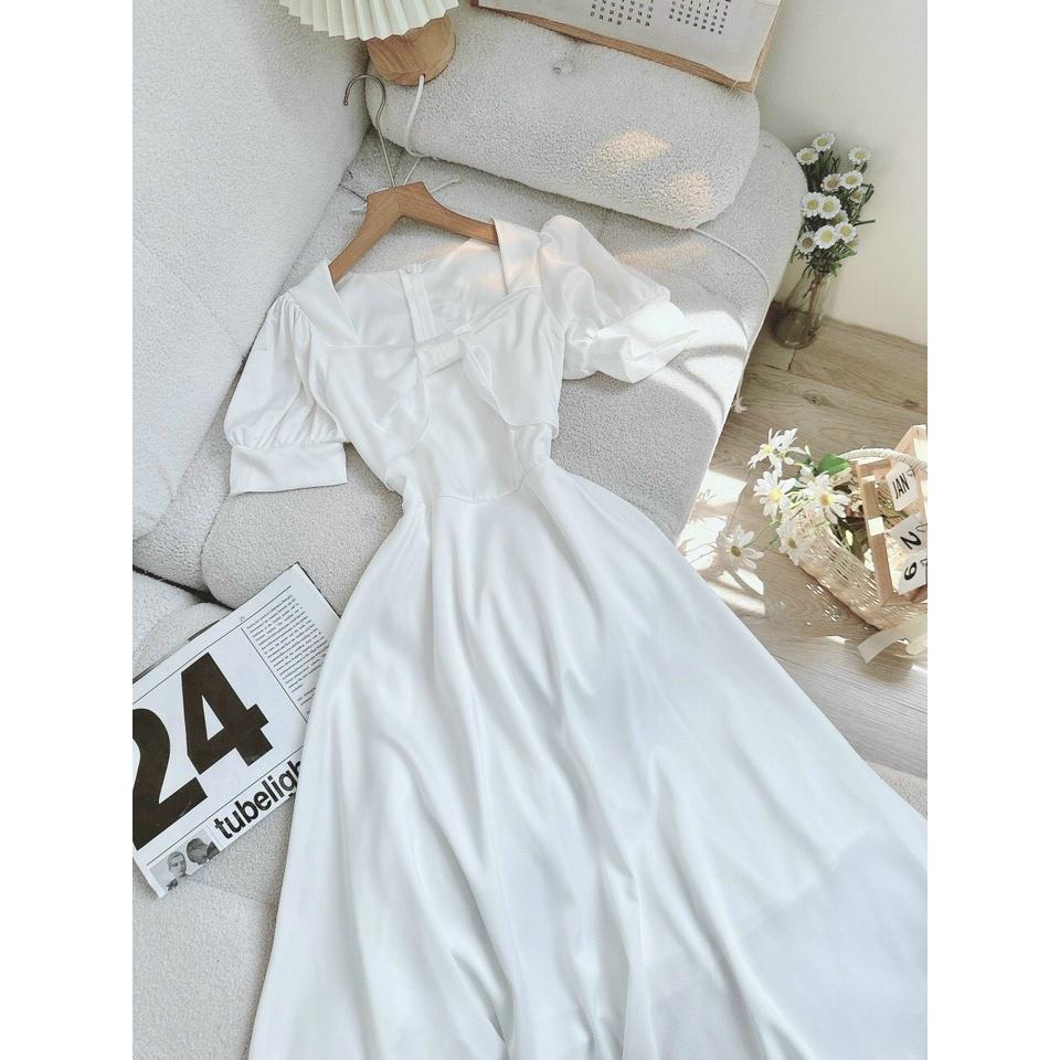 Đầm Dự Tiệc Trắng Chất Lụa Mango Mịn 2 Lớp Full Lót Thiết Kế Tay Ngắn Bồng Cổ Nơ Dáng Dài Maxi UC-1B15-4542