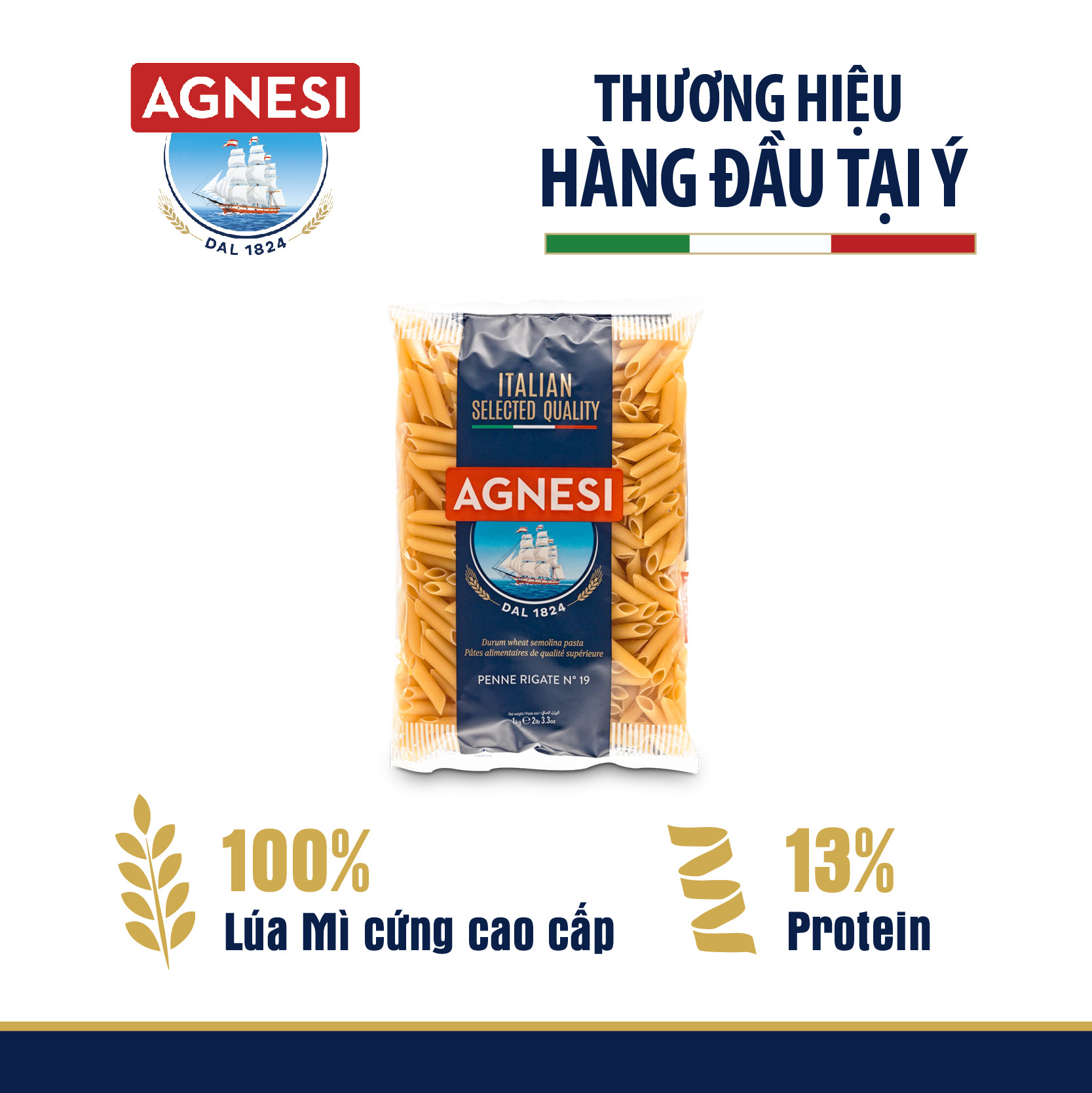 Nui ống Penne Rigate Agnesi 1kg, dùng lúa mì durum cao cấp giữ sốt, không gãy và dính