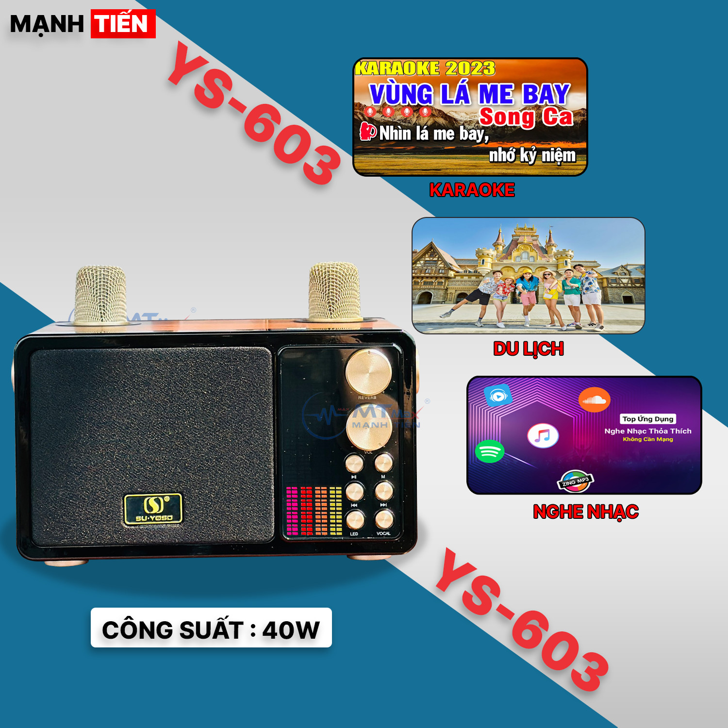 Loa Bluetooth Mini YS-603, Công Suất 40W, Nhỏ Gọn, Âm Thanh Cực Hay, Bass Căng, Đi Kèm 2 Micro Karaoke Thay Đổi Giọng Nói, Bảo Hành 6 Tháng Hàng Chính Hãng