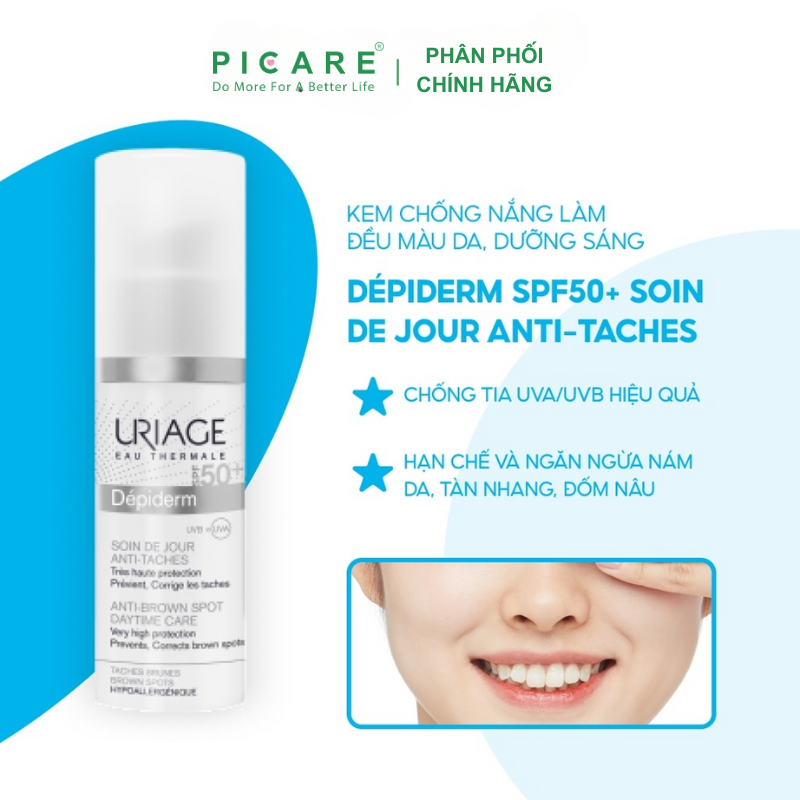 Uriage Depiderm SPF50 Soin De Jour Anti-Taches: Kem Trắng Da, Chống Nắng Ban Ngày 30ml