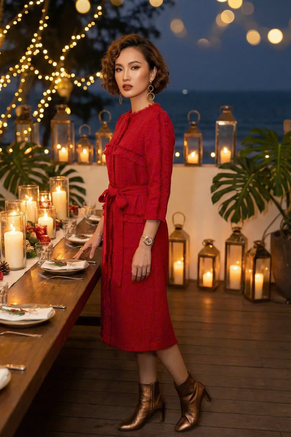 Đầm Suông Tua Rua Tweed Đỏ, Đầm Suông Thắt Eo Thanh Minh thời trang thiết kế Hity Dre201