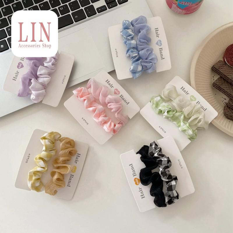 (Bộ 2 Cái) Scrunchies Cột Tóc Buộc Tóc Vải Bản Nhỏ Caro Phong Cách Hàn Quốc