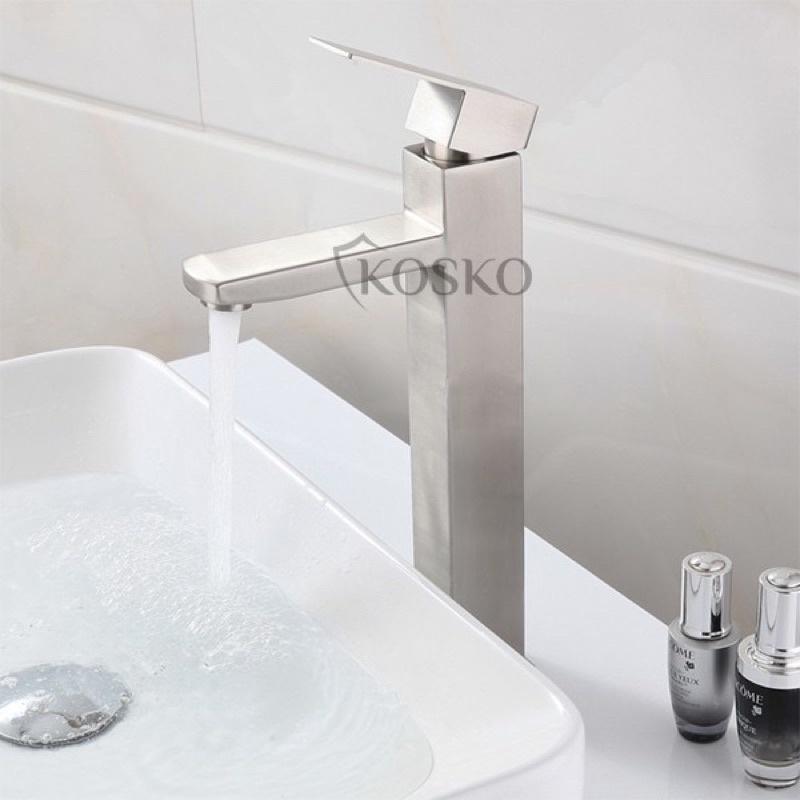 Vòi lavabo Nóng Lạnh inox SUS 304 vuông cao 30cm Hàng chuẩn loại 1 Tặng kèm dây cấp phù hợp với mọi loại chậu rửa mặt