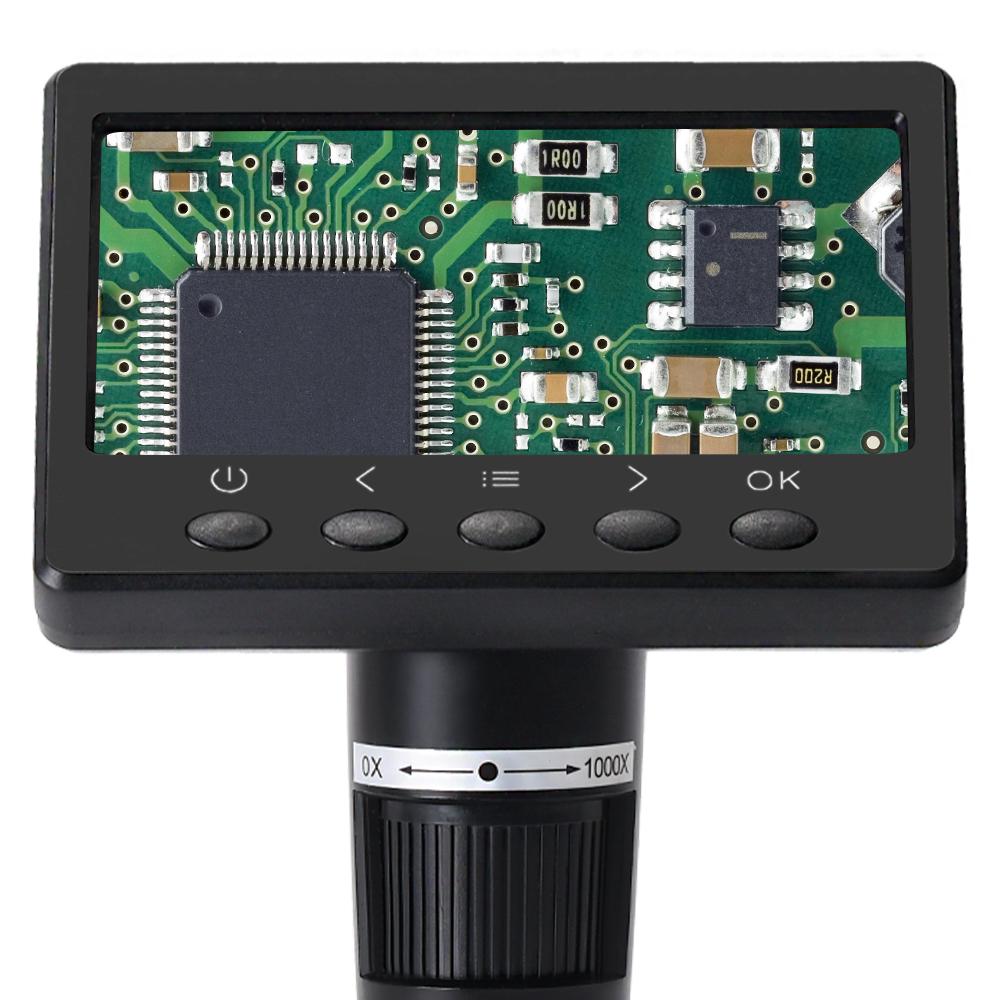 4.3 Inch Display 1000X Digital Microscope Photo Video Taking with 8 Adjustable LED Lights Lifting Aluminum Alloy Stand for Jewelry Identification Mobilephone Repairs