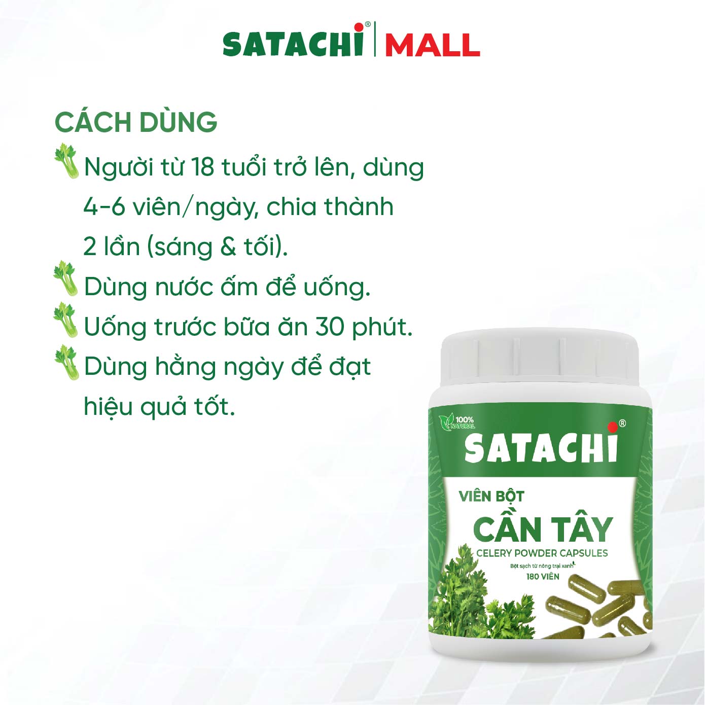 Viên Bột Cần Tây Nguyên Chất SATACHI – 100% Lá Cần Tây – Dạng Viên Tiện Lợi – Hộp 180 viên