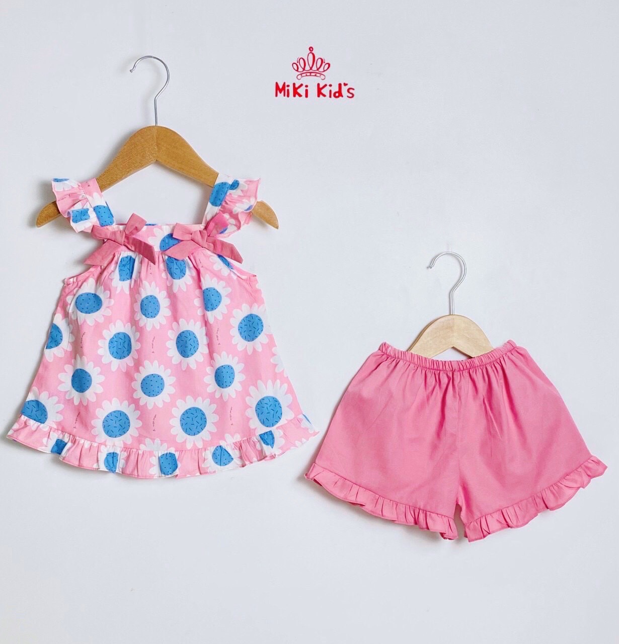 Bộ Bé Gái Hồng Hoa Đính 2 Nơ, Size 6-22Kg, 4 Tháng Đến 6 Tuổi, Áo Quần Bé