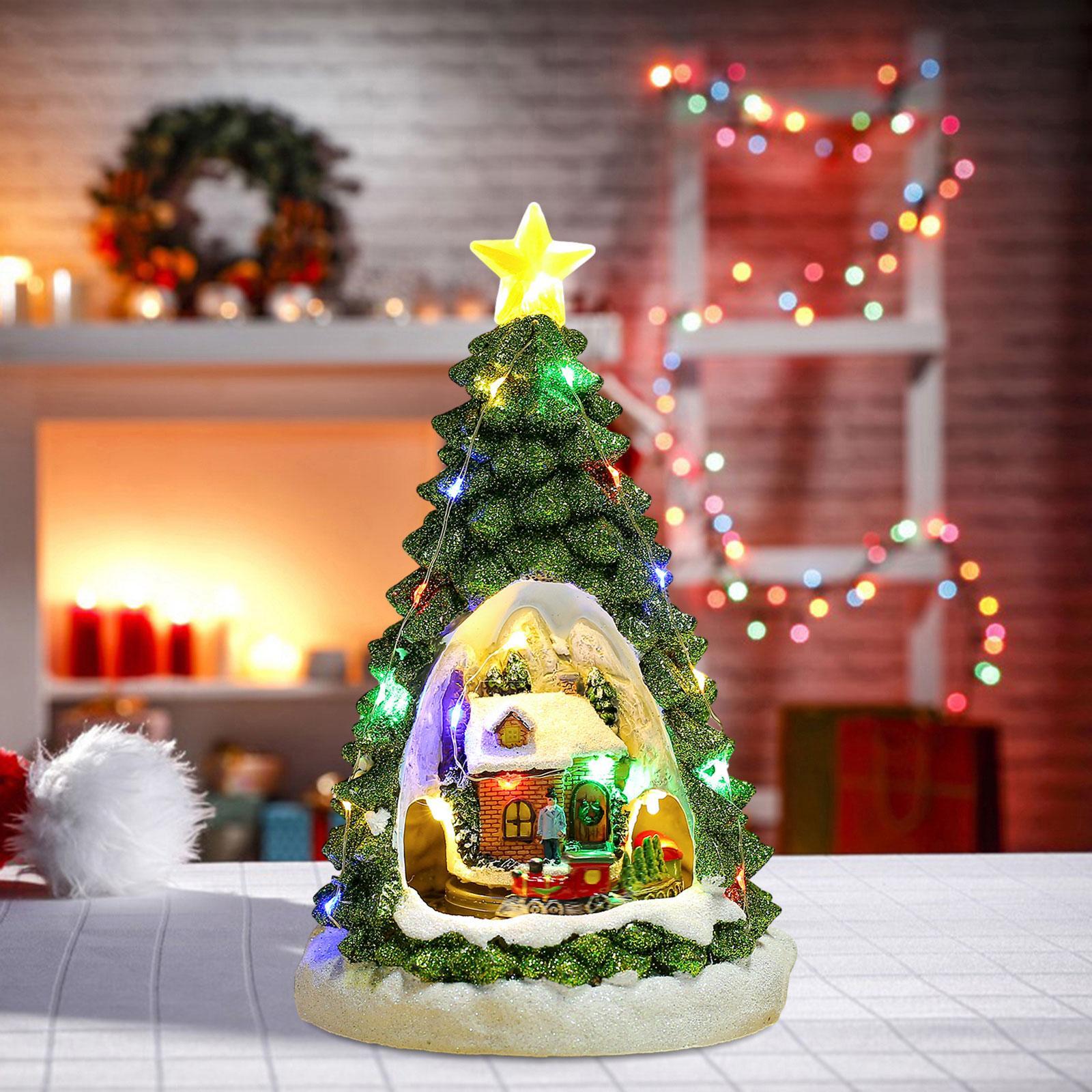 Christmas Tree Glowing House Holiday House Xmas Music Ornament Rotating Train Figurine Statue for Home Living Room Decoration