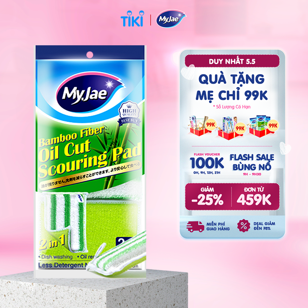 Miếng rửa chén đa năng sợi tre MyJae, miếng rửa chén chống xước 2 mặt, siêu bền đánh bay dầu bẩn