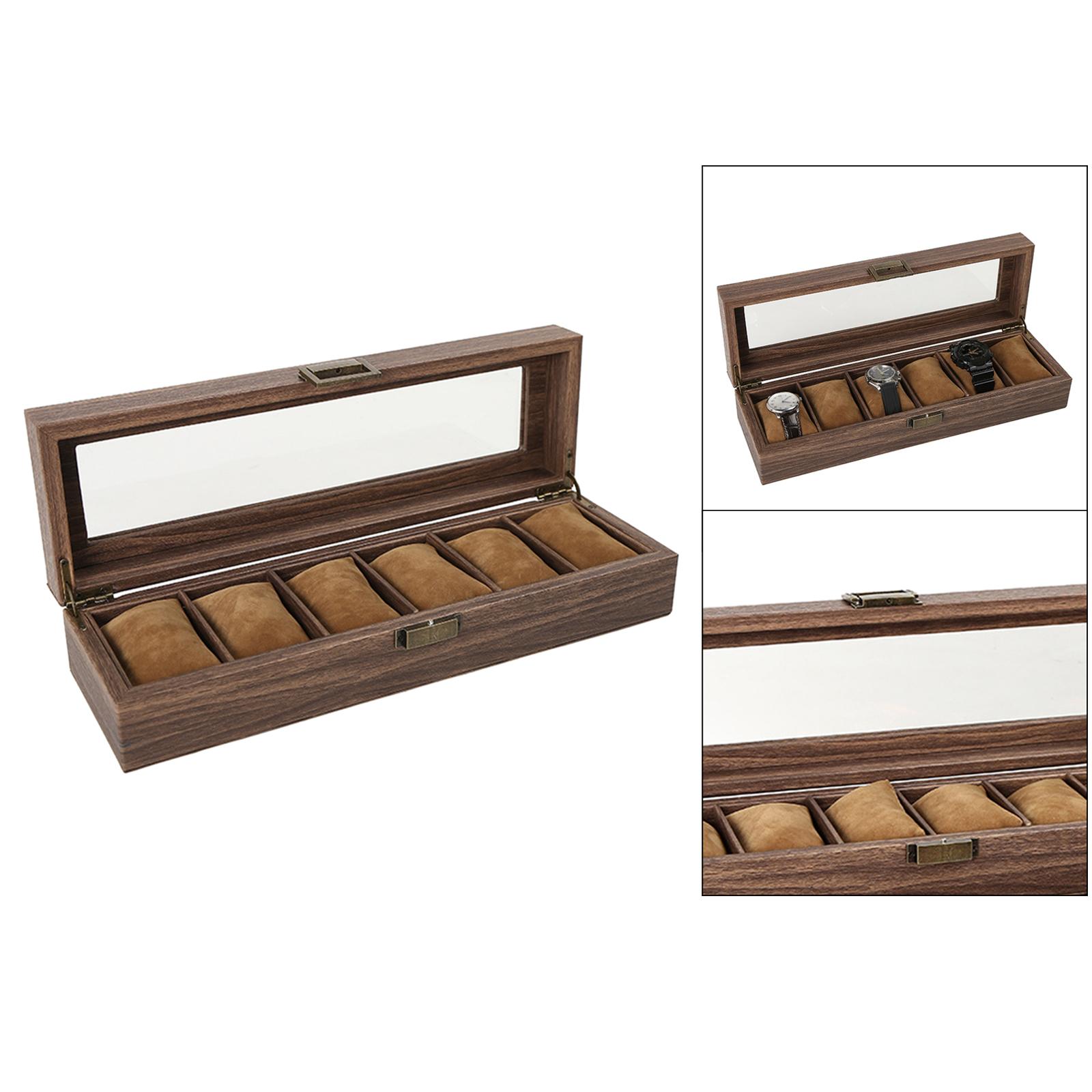Luxury Wooden Watch Box Men Jewelry Rings Case Organizer Glass Top 6 Grid