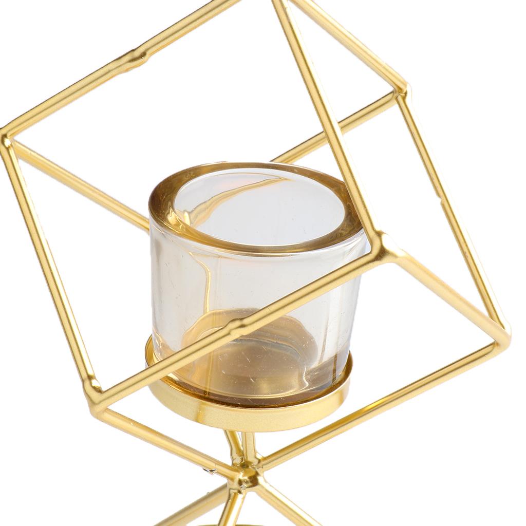 Metallic Hollow Candelabra Cube Candle Holder with Glass Cup Decor, Golden