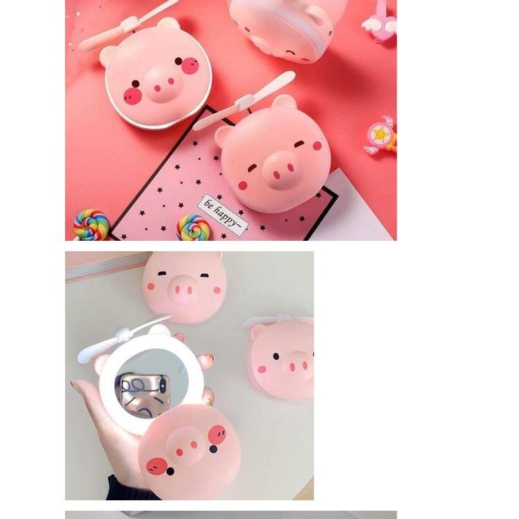 Quạt theo gương 3in1 hình GẤU- HEO hồng - quạt, gương, đèn cute tiện lợi