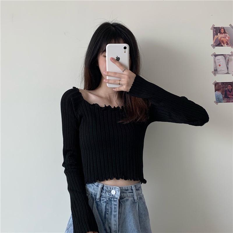 MS217 Áo len nữ dài tay viền bèo croptop kẻ sọc