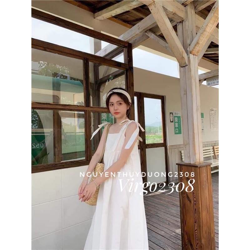 Váy thô đũi dáng babydoll 2 dây nơ vai/Đầm thô đũi babydoll