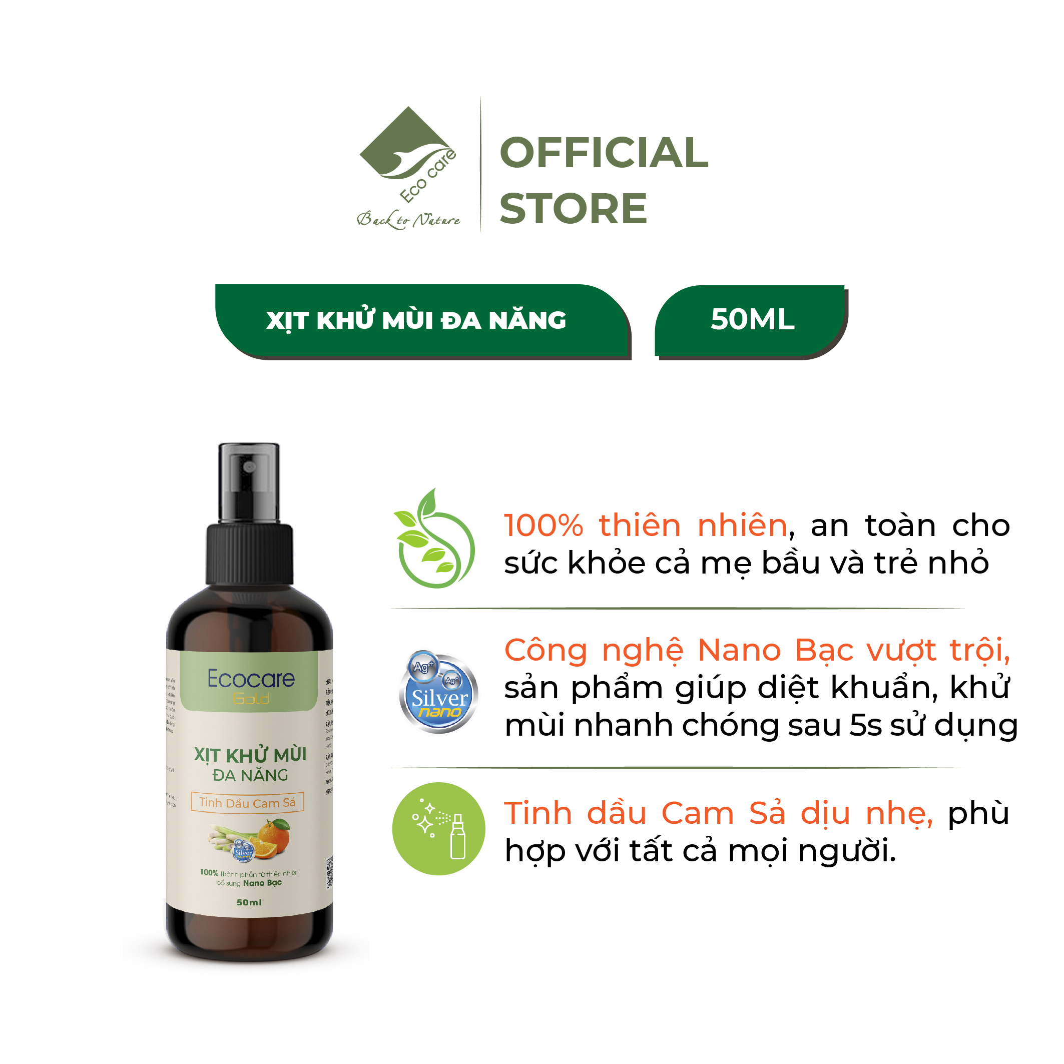 Xịt Khử Mùi Đa Năng ECOCARE 50ml chiết xuất hoàn toàn tự nhiên, an toàn cho sức khỏe