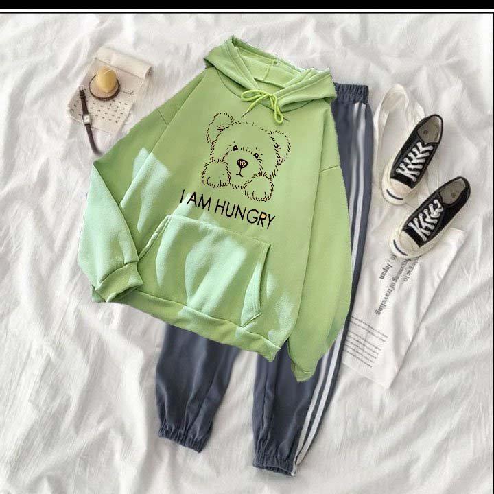 Set bộ áo hoodie nam nữ gấu nâu hunry chất nỉ bông siêu dày , phom rộng size từ 37 đến 65kg kèm quần 2 sọc bo xám