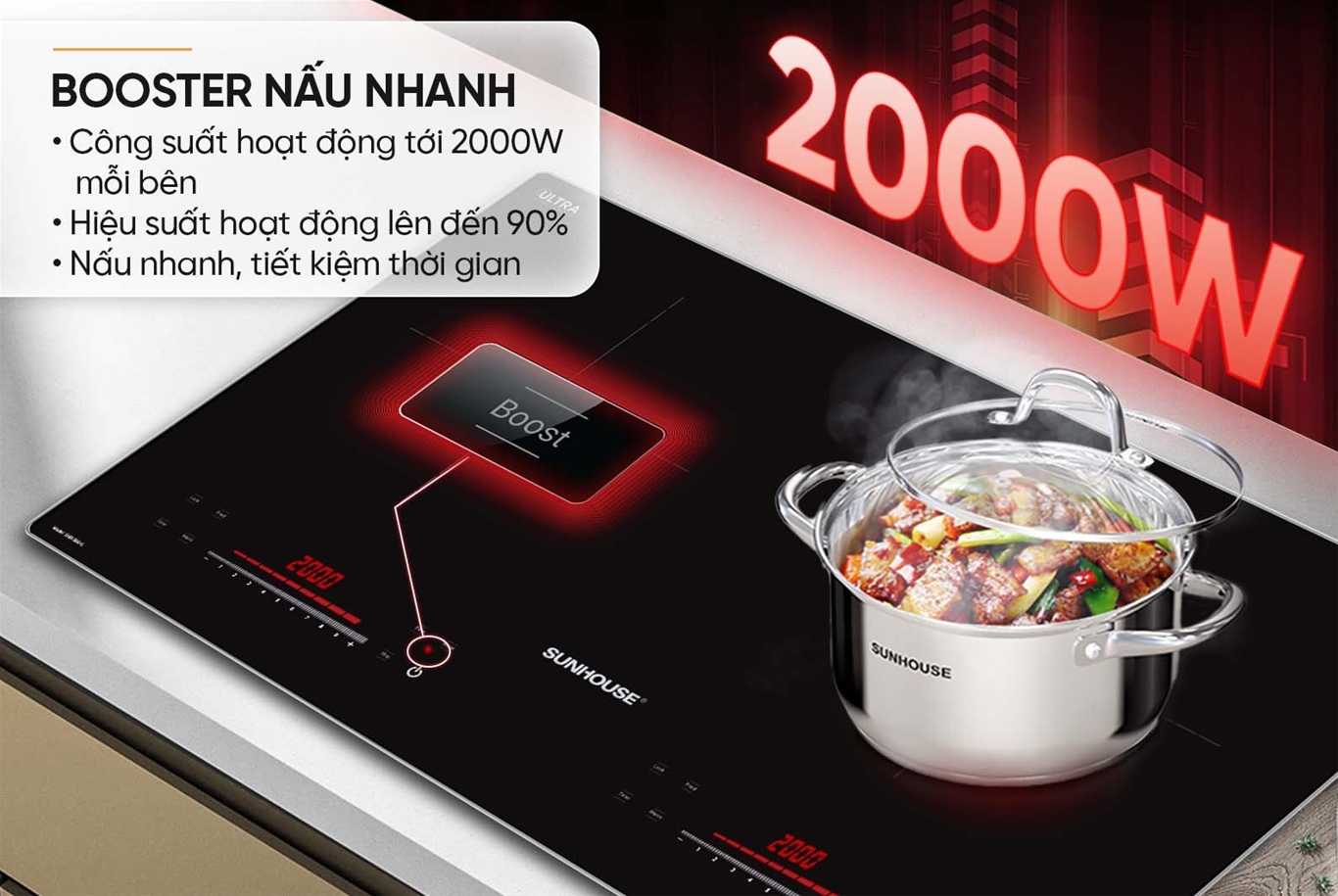 Bếp từ đôi Sunhouse SHB-566HL, Công suất 4000W, Mặt kính Ultra Vitro Ceramic bo viền sang trọng, Chức năng nấu nhanh Booster, Bảng điều khiển Slider Control siêu nhạy, Tính năng hẹn giờ, khóa trẻ em, tự động ngắt, Hàng chính hãng - BH 3 năm tại nhà