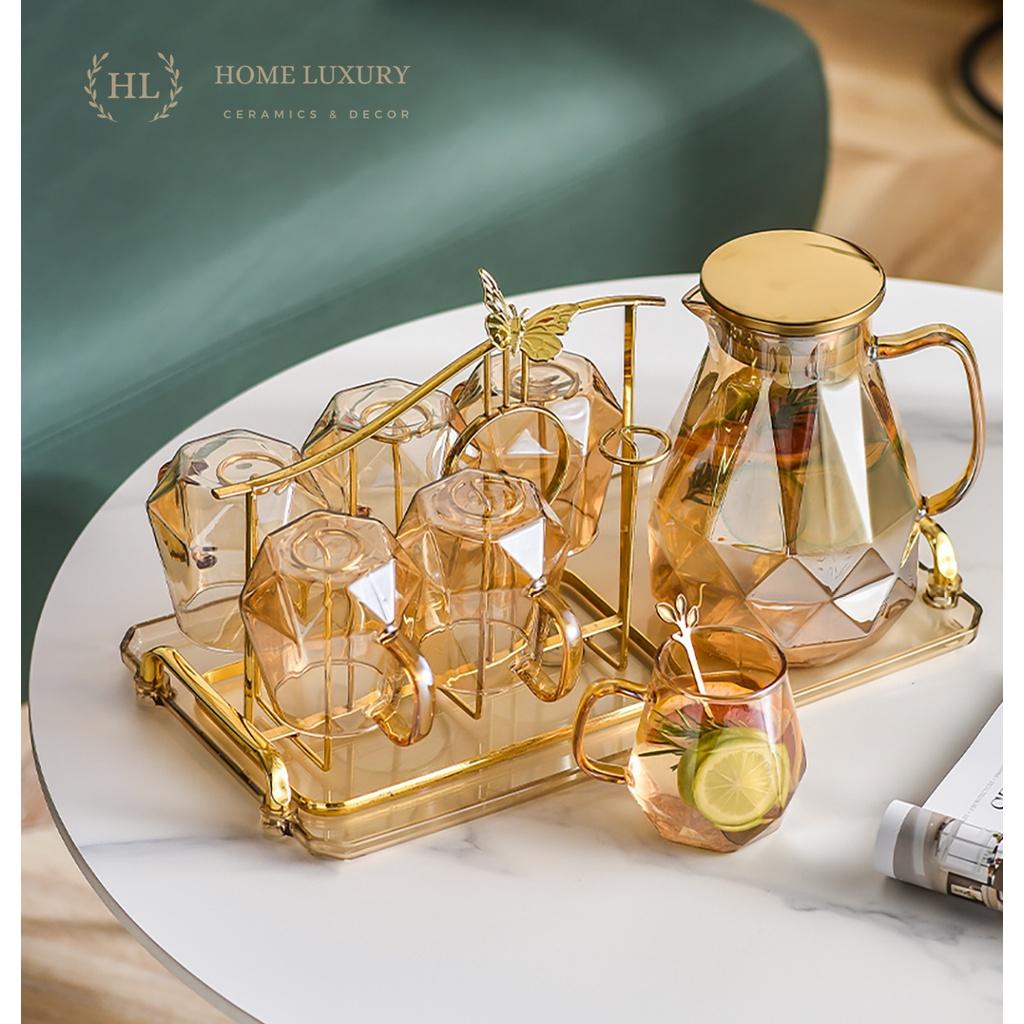 Bình Ly thuỷ tinh vàng có quai dáng kim cương | BỘ BÌNH CỐC BOROSILICATE SIÊU NHẸ - CHỊU NHIỆT - CƯỜNG LỰC LỤC GIÁC QUAI
