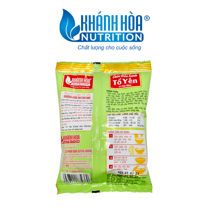 Cháo Tổ Yến Đậu Xanh Vị Thịt Bằm Khánh Hòa Nutrition - Thùng 30 gói x 50g