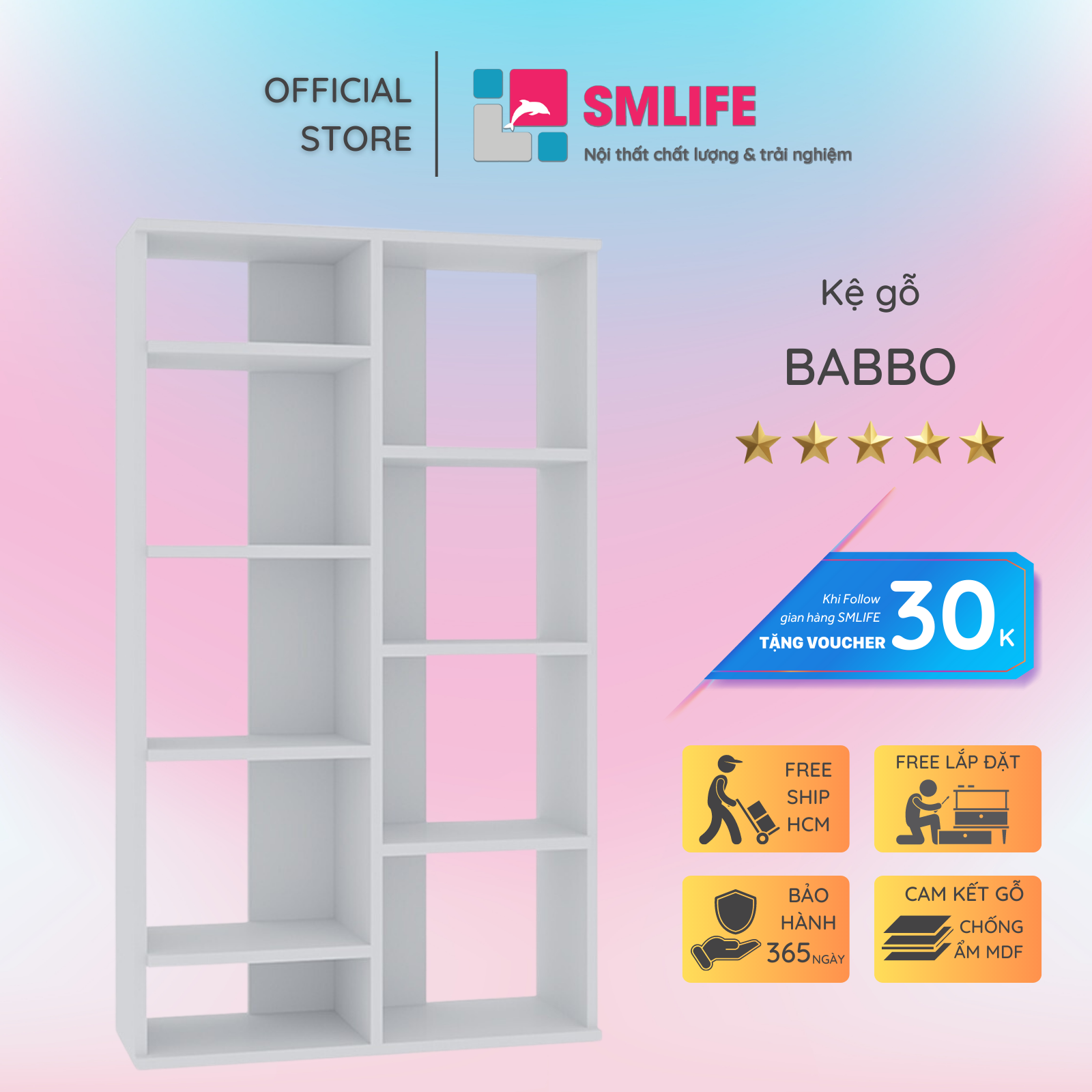 Giá sách đẹp trang trí phòng khách SMLIFE Babbo