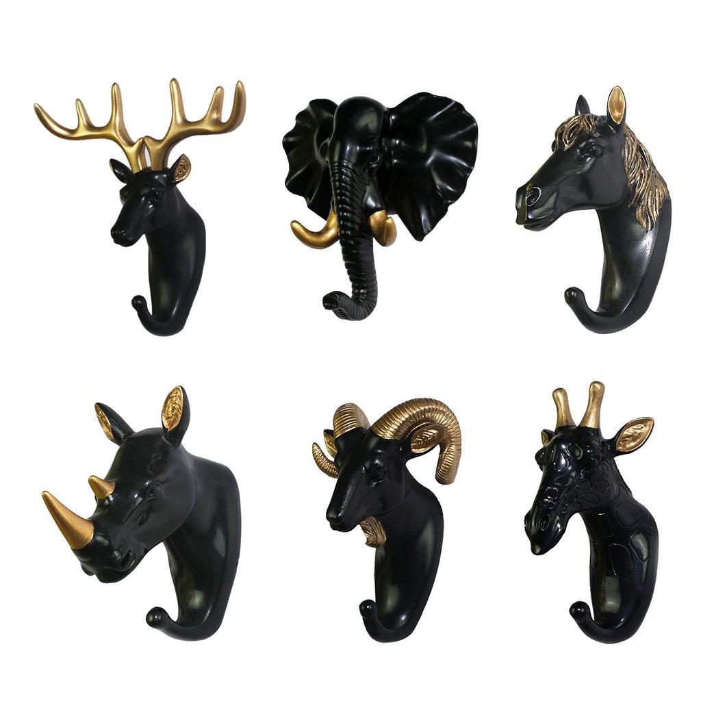 2Pcs Resin Animal Head Hook Hat Key Wall Hanger Black-Golden Decoration