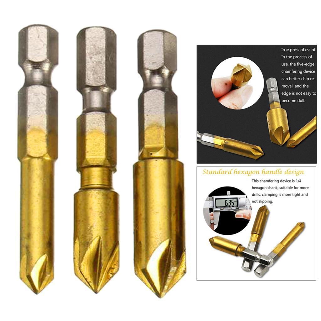 HSS Countersink Drill Bit 90 Degree 5 Flute Chamfer Tool Countersinking Bits Hole Cutter Chamfering Drill Bit 1/4" Hex Shank Wood Drilling Bits