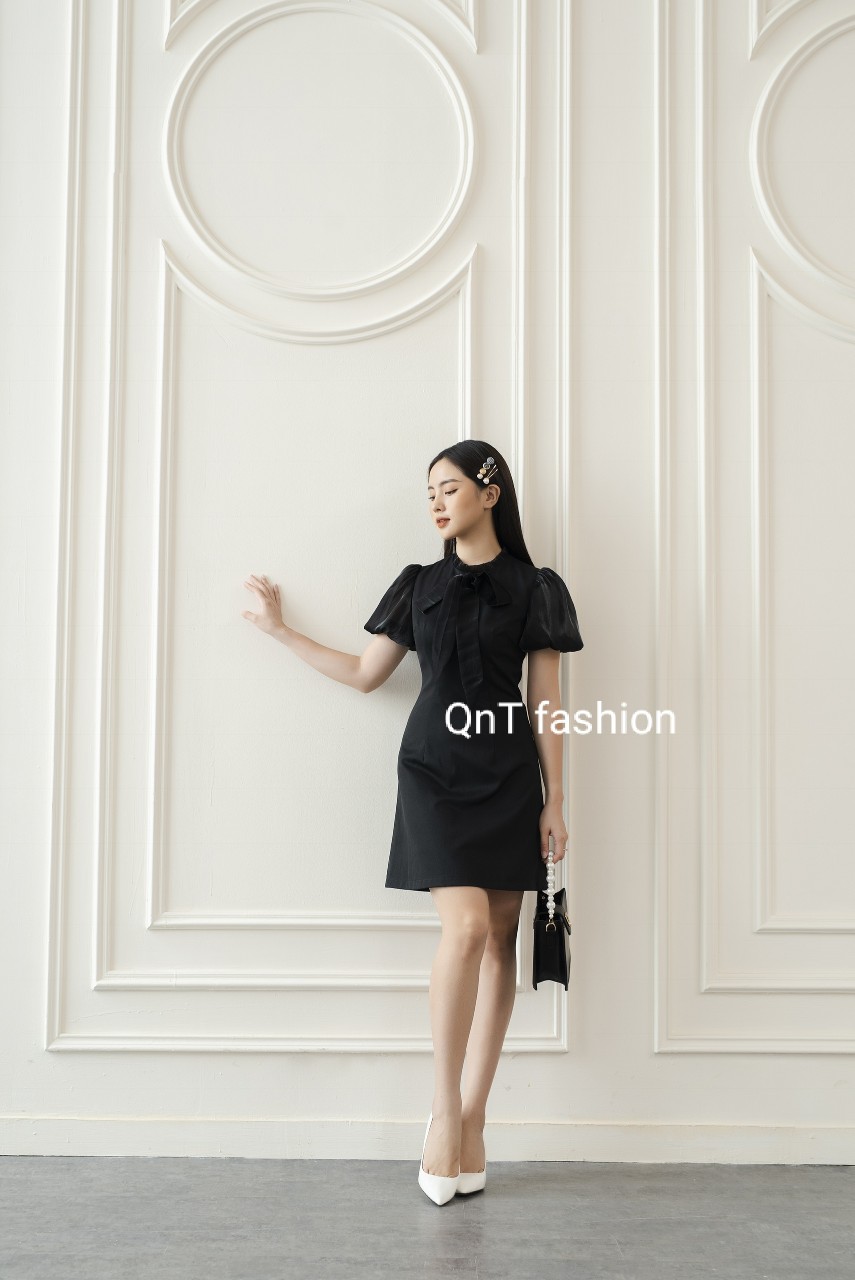 Đầm Dự Tiệc Thiết Kế-Đầm cổ tàu đính nơ phối tơ dự tiệc cao cấp cho nàng tỏa sáng