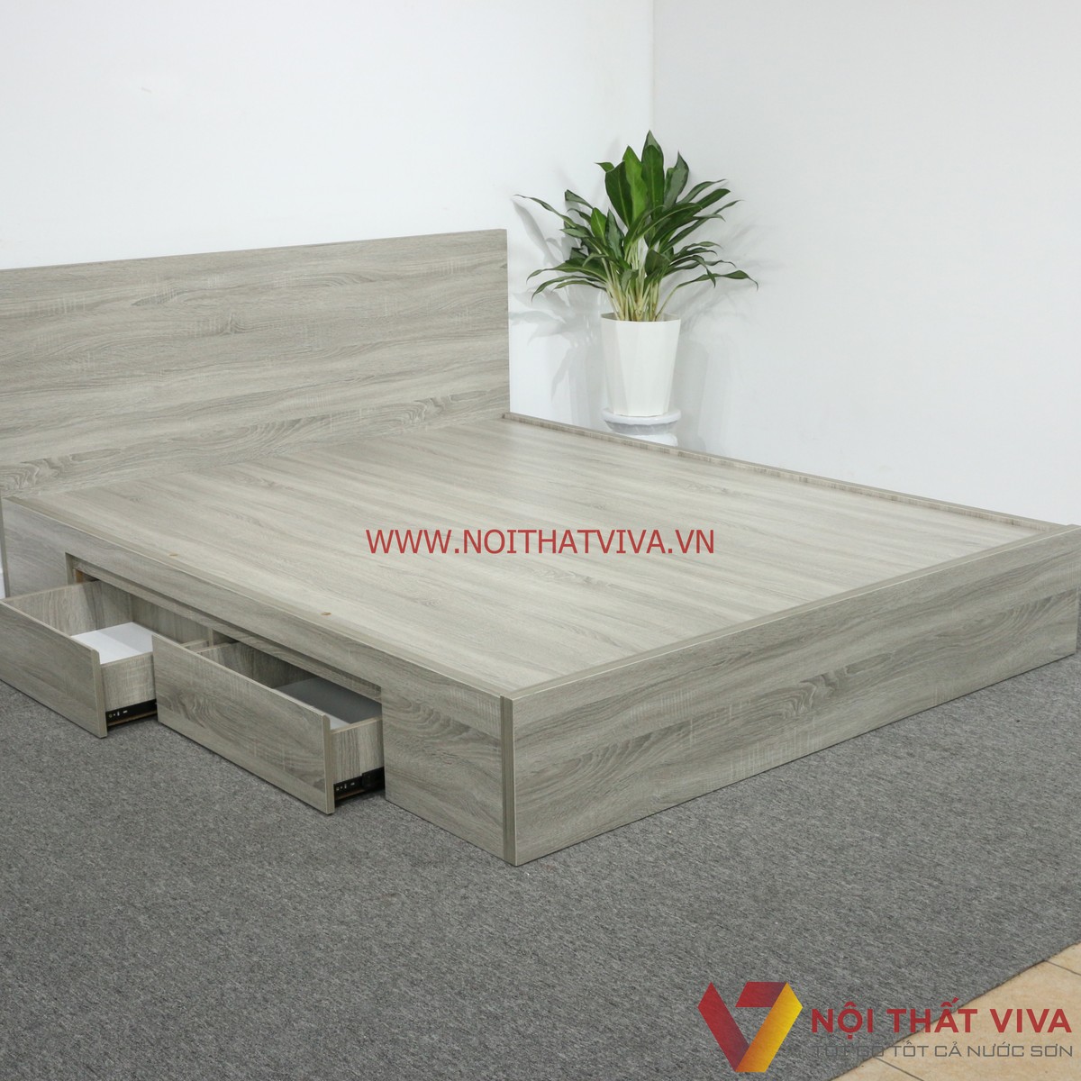 Giường Ngủ Gỗ MDF Melamine Màu Xám Vân Gỗ Có Hộc Kéo Đẹp Hiện Đại