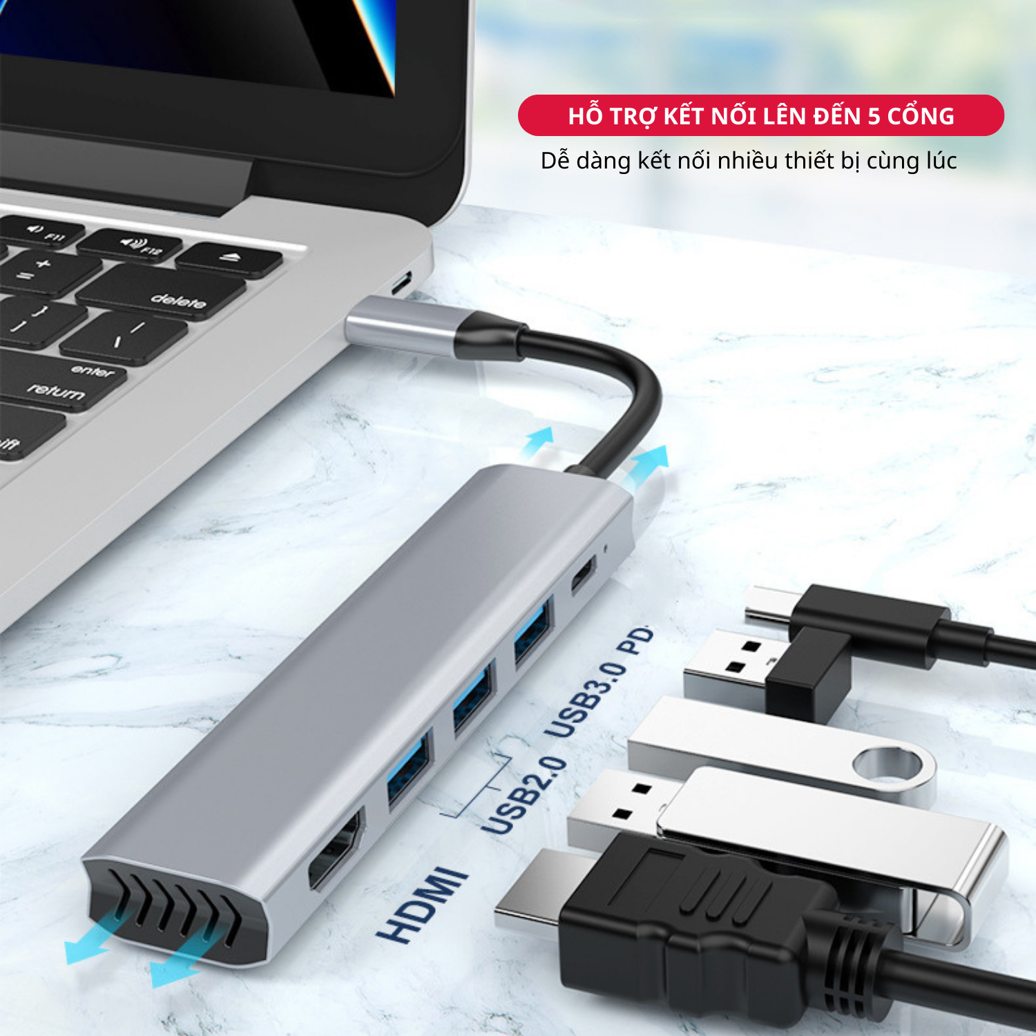 Hub Chuyển Đổi Type C Chia 5 Cổng (5 in 1) HDMI / USB 3.0 / USB 2.0 / PD Hỗ Trợ Sạc Nhanh, Có Khe Tản Nhiệt - Hàng Chính Hãng Tamayoko