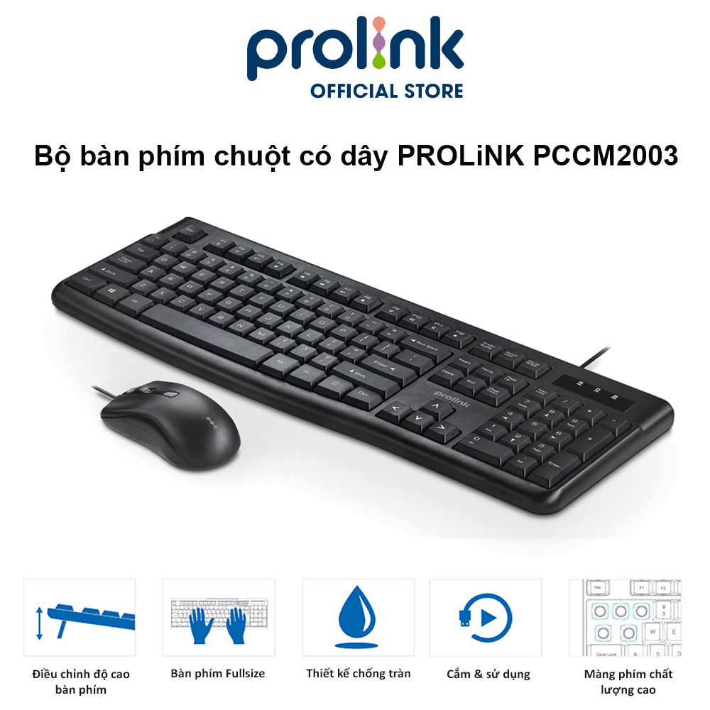 Bộ bàn phím chuột có dây PROLiNK PCCM2003 Fullsize cao cấp, chống thấm nước, độ nhạy cao dành cho máy tính, Laptop - Hàng chính hãng