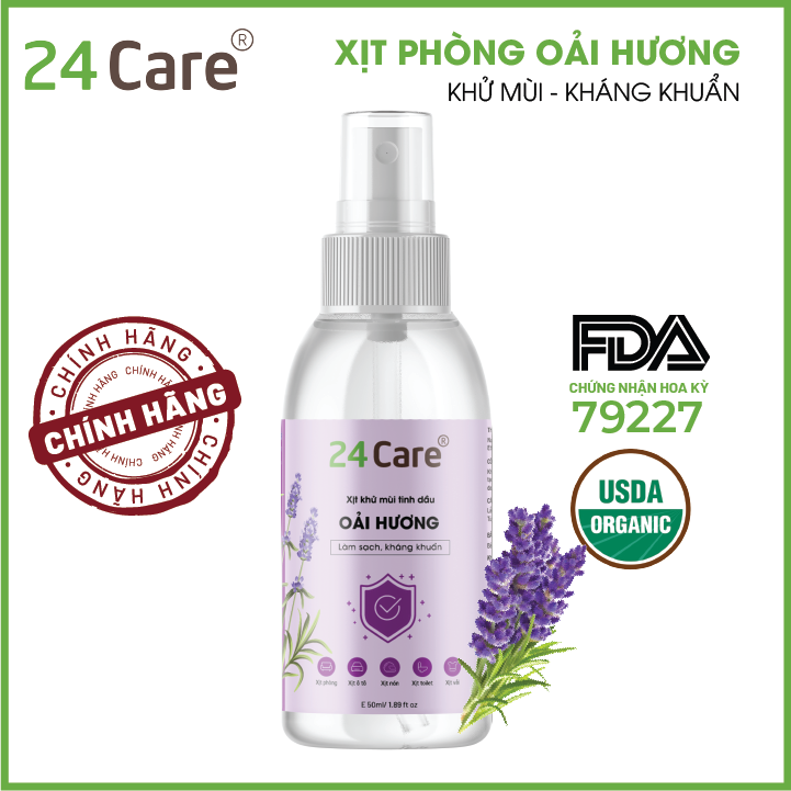 Xịt Phòng Tinh Dầu Oải Hương Hữu Cơ Organic 24Care 50ML/100ML - Kháng khuẩn - Khử mùi hôi - Đuổi muỗi - Côn trùng - Giúp thư giãn, cải thiện giấc ngủ - Giảm căng thẳng khi làm việc