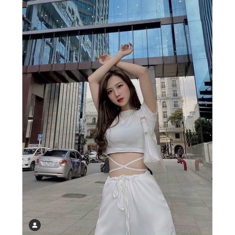 Áo thun croptop cộc tay nữ buộc dây eo sexy - Áo croptop phông thiết kế dây buộc eo điệu đà Ulzzang