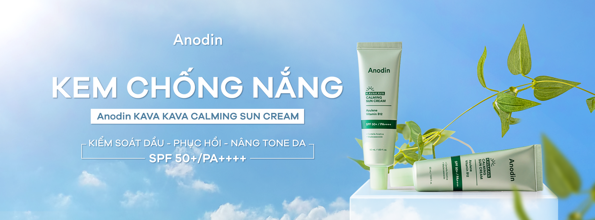 Kem chống nắng rau má kiềm dầu nâng tông cho da dầu, nhạy cảm Anodin Kava Kava Calming Suncream 50ml