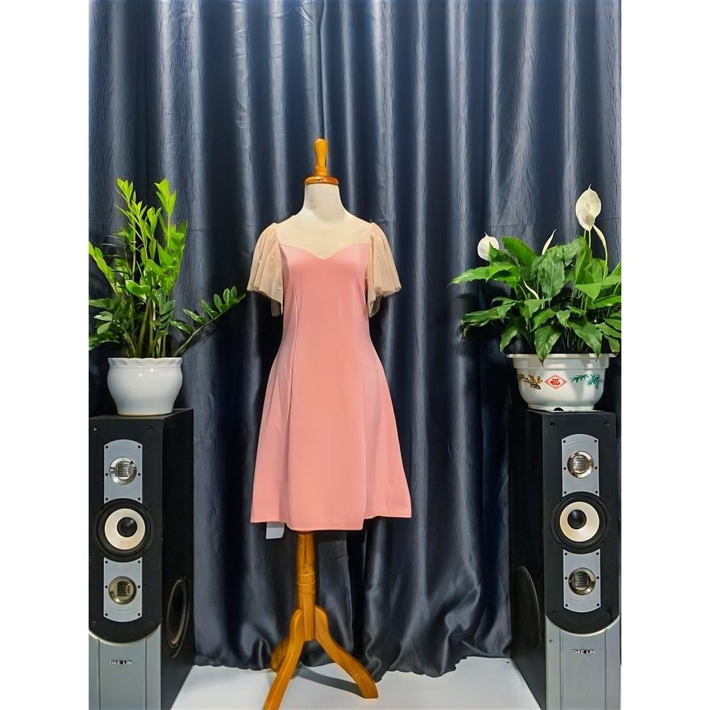 ️ Đầm Nữ Dáng Xòe Đi Tiệc Chất Umi Tay Phối Lưới Free Size 2 Màu Hồng Đỏ ️