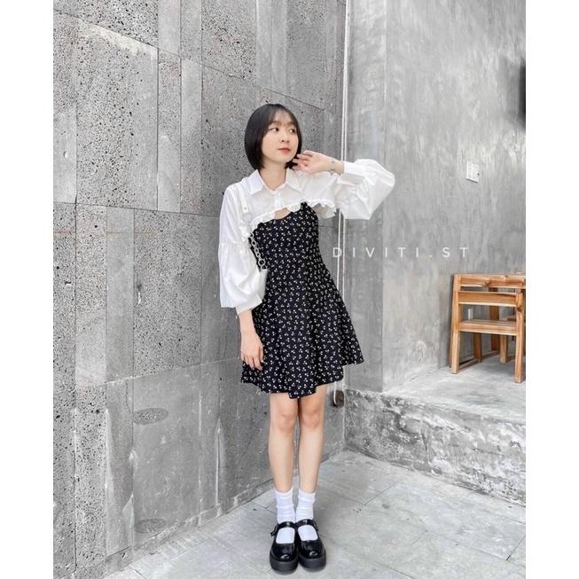 Set đàm hoa cúc kèm áo carigan chất voan dày dặn-N