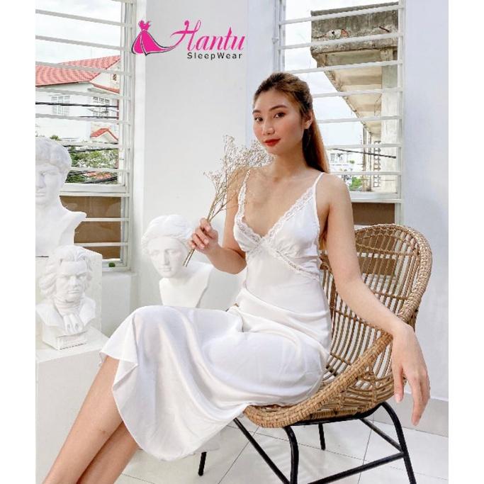 Váy ngủ lụa 2 dây dáng dài qua gối mặc nhà ,đi chơi sang trọng tặng kèm chip ren gợi cảm